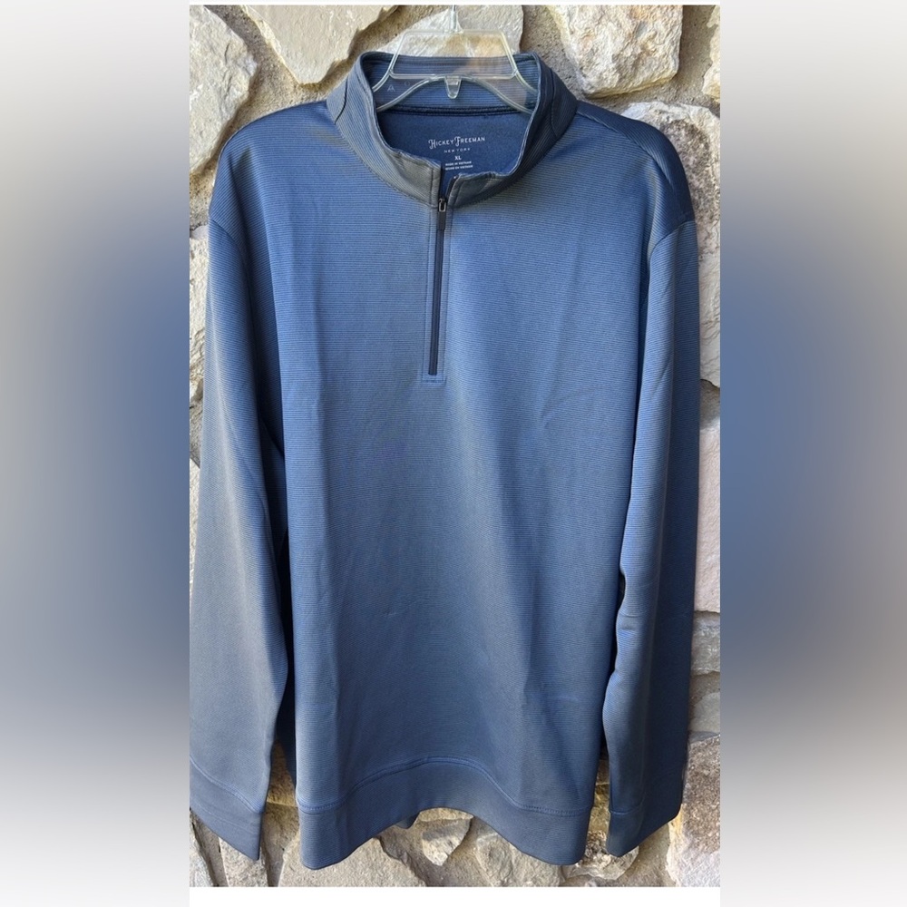 Hickey‎ Freeman Mens 1/4 Zip Pullover Size XL Blue Striped Performance Stretch